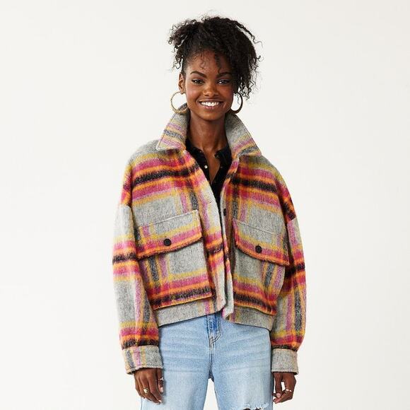 So Cropped Plaid Shacket Pink/Gray - M - Picture 1 of 8